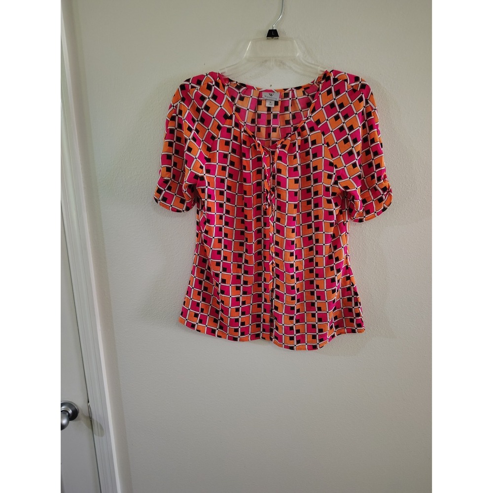 Worthington Womens Pink Orange Geometric Square Print Tie Neck Blouse Size M